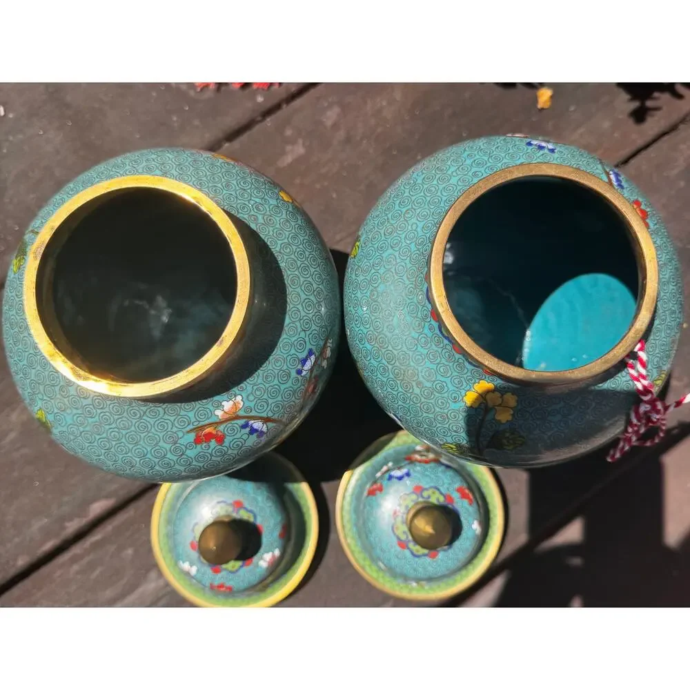 Vintage Chinese Cloisonne Ginger Jars Pair -Turquoise Floral Lidded Urns Amazing